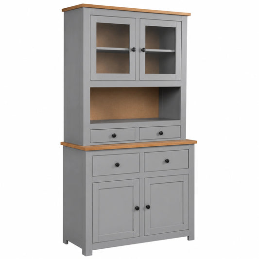 Credenza Moderna in Legno di Pino con Vetrina, Grigio, 93x40,5x180 cm