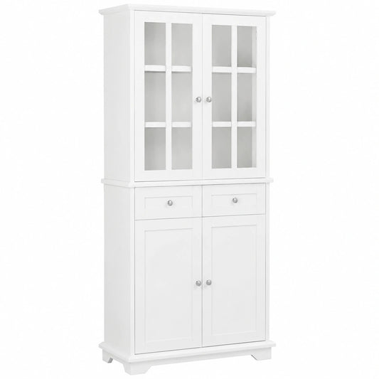 Mobile Credenza Moderna Bianca con 6 Scomparti e 2 Cassetti per Cucina, 75x40x175 cm