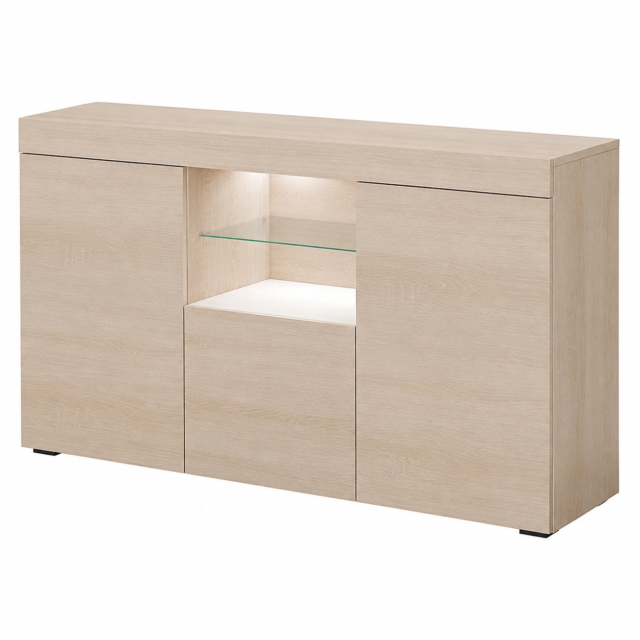 Credenza Moderna Sefora con Luci LED in Melamina Lucida, Colore Sonoma, 135x72x34 cm