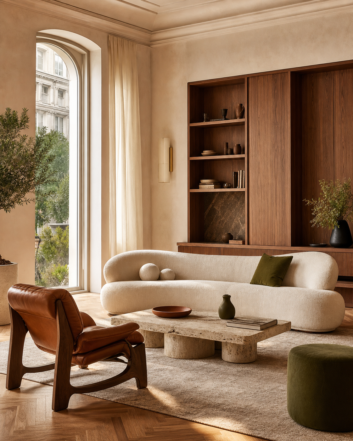 Soggiorno italiano contemporaneo con arredi in legno, pelle e travertino